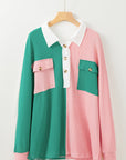 Colorblock Collared Ribbed Patchwork Pocketed Sweatshirt