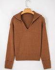 Solid Collared V-Neck Ribbed Edge Sweater