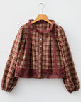 Plaid Eyelet Lace Trim Buttoned Long Sleeve Shirt