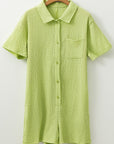 Textured Short Sleeve Patch Pocket Buttoned Romper