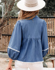 Solid Lace Ric-Rac 3/4 Sleeve Babydoll Blouse