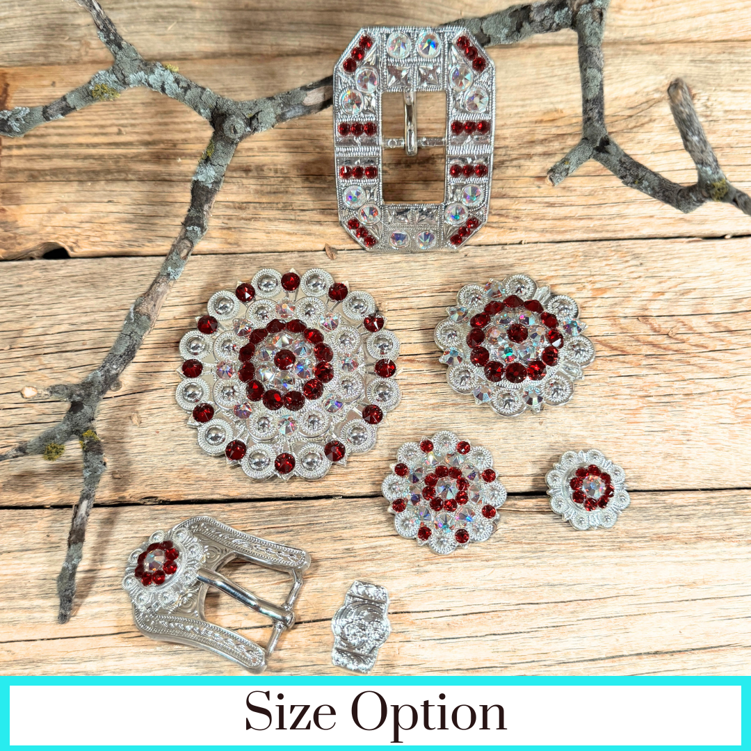 Bright Silver Ruby - AB Crystal Conchos - Sizes from 1"- 3" and Buckles