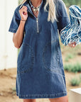 Denim Zip-Up Collar Short Sleeve Mini Dress