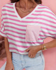 Stripe V-Neck Patch Pocket T-Shirt