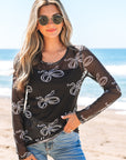 Bow Tie Mesh Long Sleeve Top
