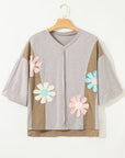 Flower Patch Exposed Seam 3/4 Sleeve T-Shirt