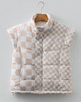 Checker Patchwork Quilted Buttoned Zip Up Vest