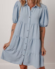 Solid Button-Up Collared Tiered Dress