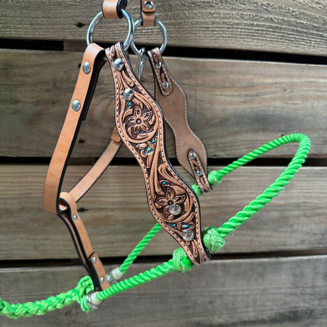 Lime Floral Tooled Lariat &amp; Leather Combo Halter