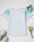 Floral Contrast Stripe Insert Sleeve Round Neck Tee