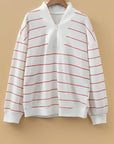Stripe Zipped V-Neck Long Sleeve Top