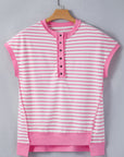 Stripe Half Placket High Low Short Sleeve Top