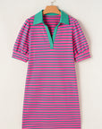 Stripe Collared V-Neck Puff Sleeve T-Shirt Dress