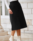 Solid High Waist Front-Slit Midi Skirt