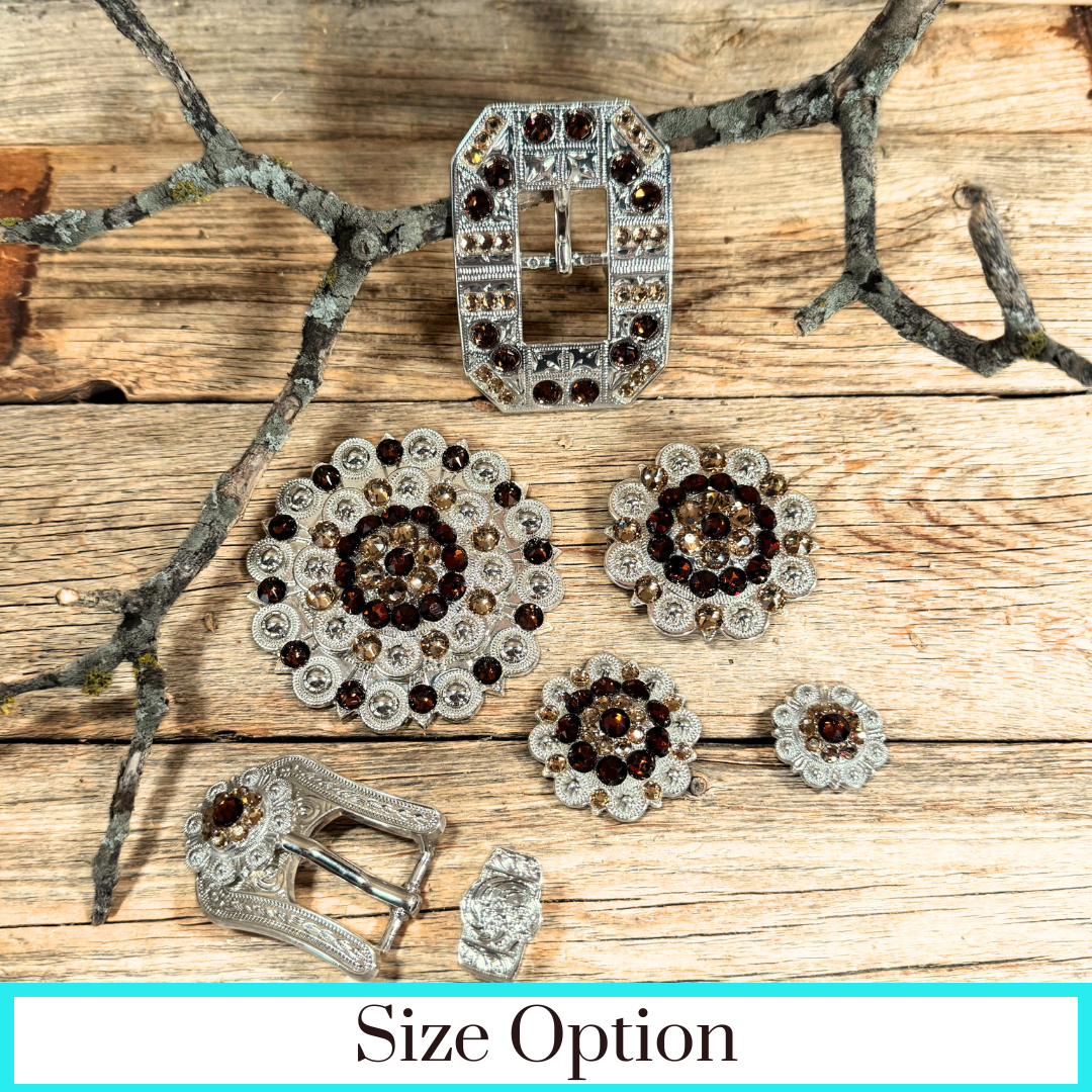 Bright Silver Topaz - Champagne Crystal Conchos - Sizes from 1"- 3" and Buckles