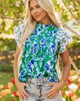 Floral Lace Trim Ruffle Sleeve Pleated Blouse
