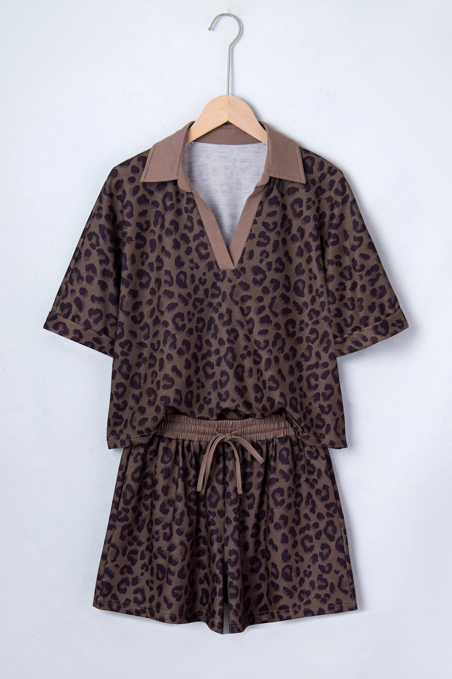Leopard Collared V-Neck Top &amp; Shorts Set