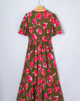 Floral Stripe Trim Short Puff Sleeve Maxi Dress
