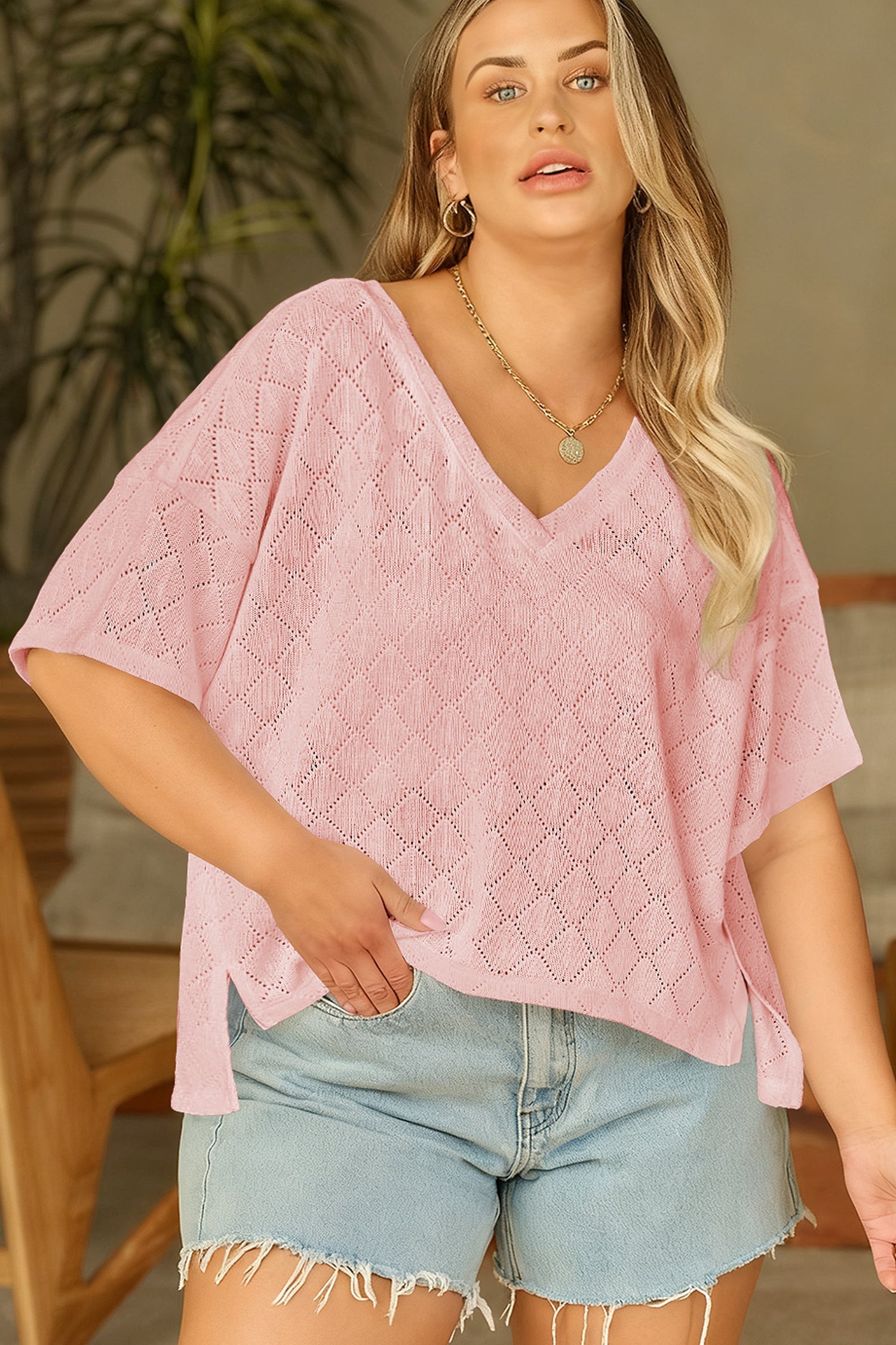 Plus Size Rhombus Pointelle Knit V-Neck Top