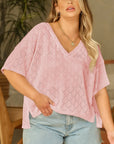 Plus Size Rhombus Pointelle Knit V-Neck Top