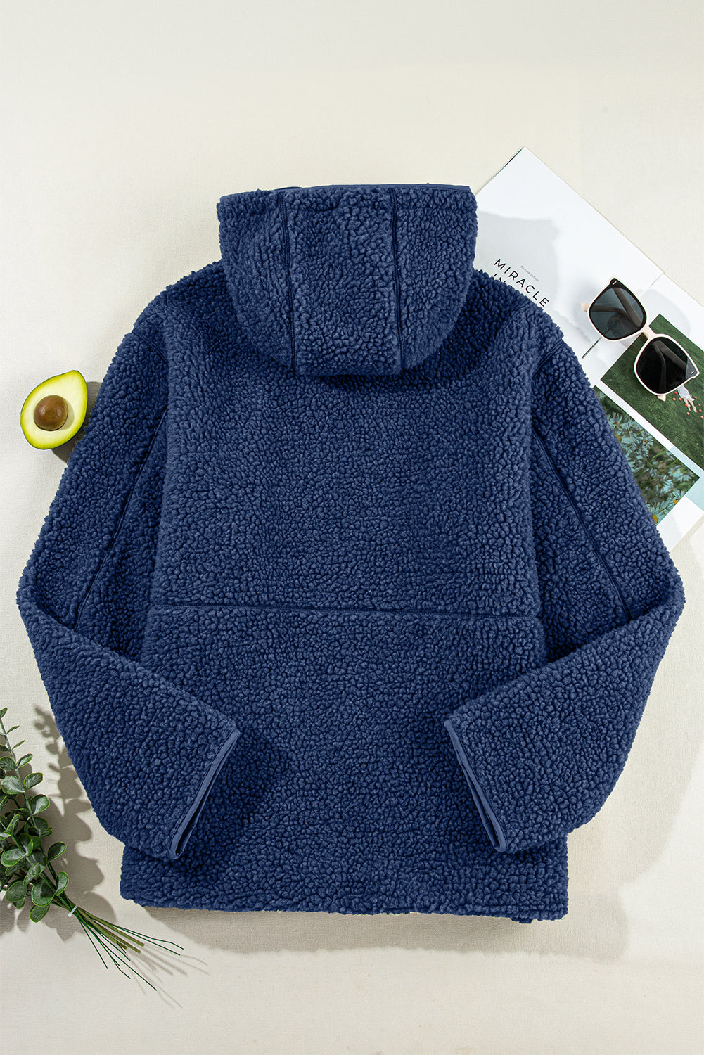 Solid Fleece Zip-Up Drawstring Pocketed Hooded Jacket