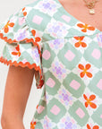 Geometric Floral V-Neck Layered Flutter Sleeve Blouse