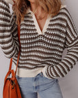 Stripe Eyelet Contrast Collared V-Neck Sweater