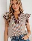 Stripe Double Ruffle Short Sleeve V-Neck Blouse