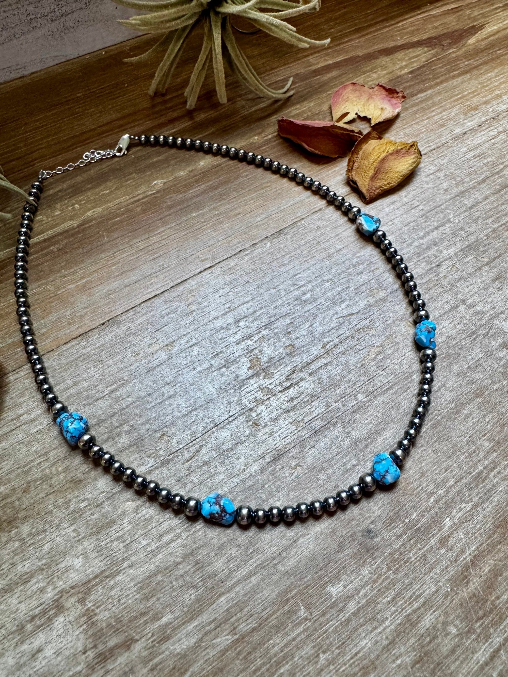 Golden Hill Turquoise &amp; Sterling Silver Pearl Necklace – 16" + Extender