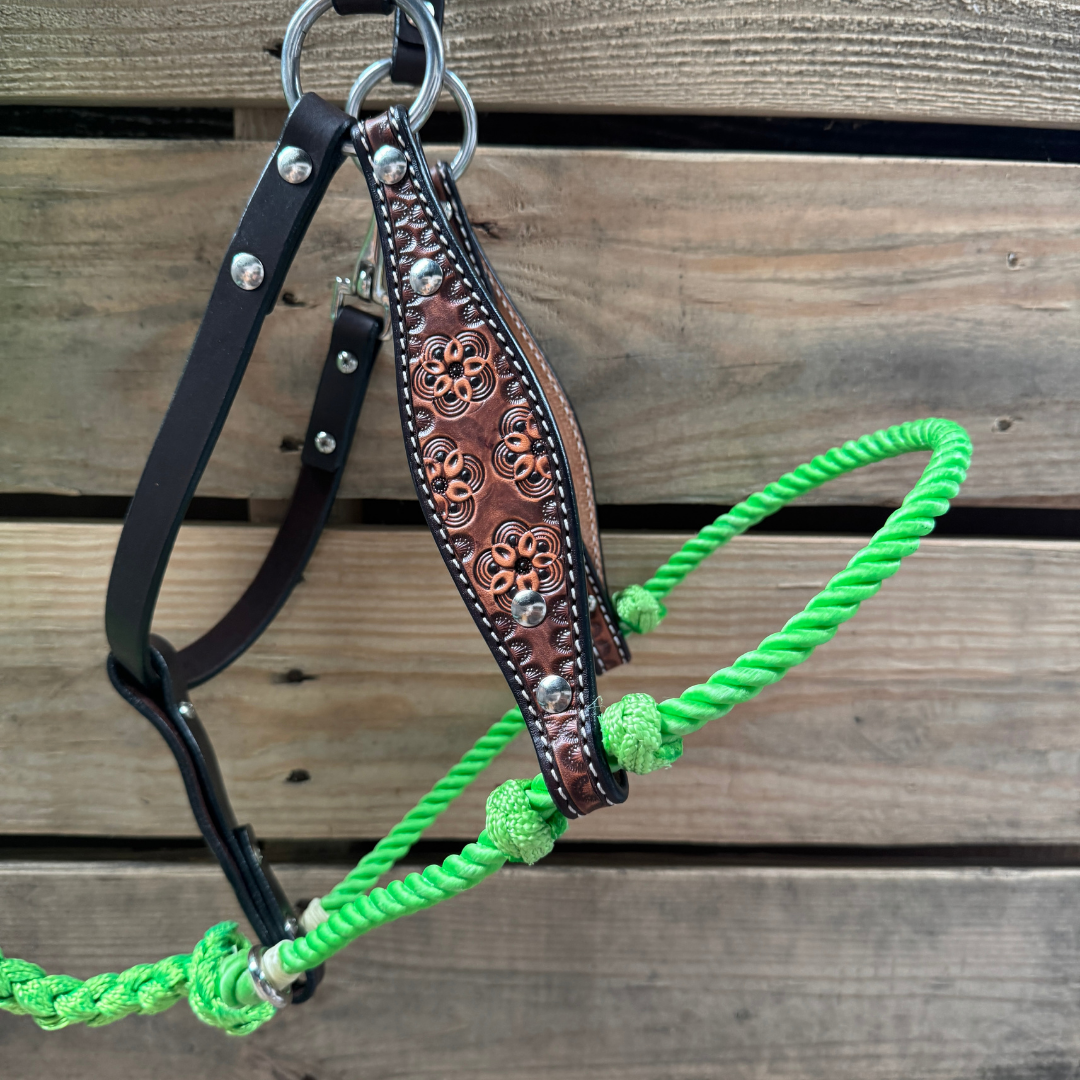 Lime Flower Power Tooled Lariat &amp; Leather Combo Halter