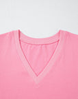 Solid V-Neck Short Puff Sleeve Blouse