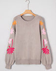 Floral Embroidered Sleeve Round Neck Loose Sweater