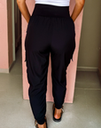 Solid Elastic High Waist Pocketed Cargo Jogger Pants