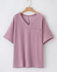 Plus Size Solid Corded Knit V-Neck T-Shirt