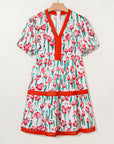 Floral Contrast Trim V-Neck Babydoll Dress