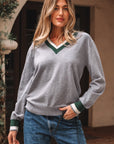 Varsity Stripe Contrast Trim V-Neck Sweater