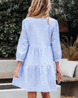 Stripe 3/4 Sleeve Pocketed Tiered Dress