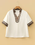 Leopard Patchwork Trim Split Neck Blouse