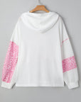 Pink Stripe Leopard Patchwork Waffle Knit Buttoned Plus Size Hoodie