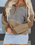 Waffle Knit Patchwork Buttoned Hooded Sweatshirt