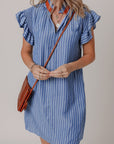 Leah Stripe Frilly Split Neck Shirred Ruffle Sleeve Dress