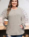 Plus Size Ribbed Knit Kangaroo Pocket Henley Top