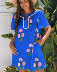 Floral Short Sleeve Split Neck Mini Dress