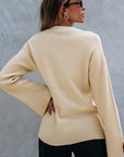 Solid Textured Knit Split Cuff Drop Shoulder Sweater