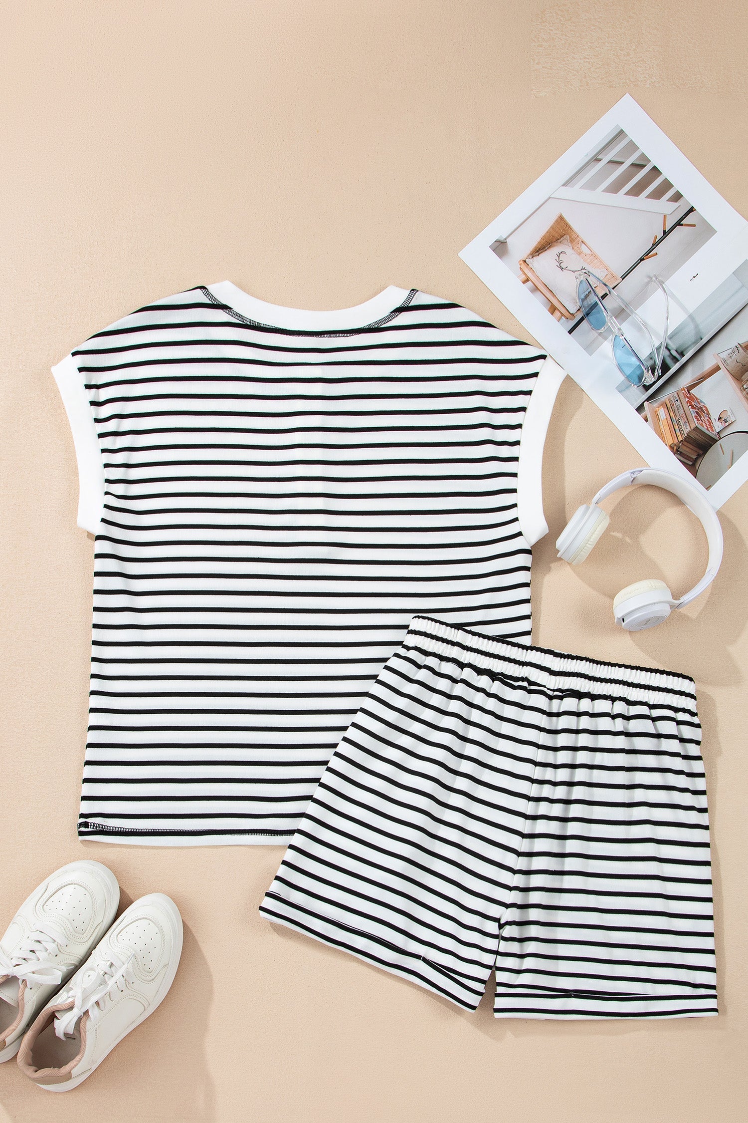 Stripe Cap Sleeve Henley Top &amp; Shorts Set