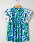 Floral Lace Trim Ruffle Sleeve Pleated Blouse