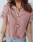Eyelet Textured Half-Button Short Sleeve Blouse