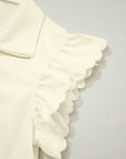 Solid Zip-Up Collared Ruffle Short Sleeve Blouse