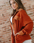 Velvet Button-Up Flap Pocket Drop Shoulder Shacket