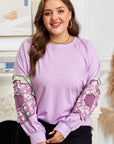 Plus Size Floral Patch Colorblock Long Sleeve Top